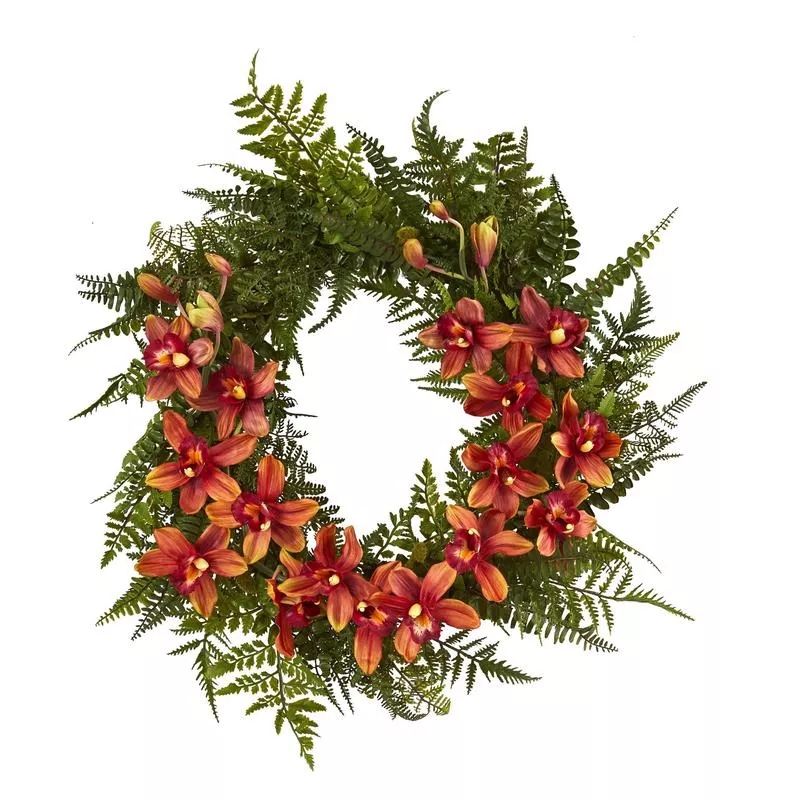 24-mixed-fern-cymbidium-orchid-artificial-wreath-multiple-colors 24 Mixed Fern and Cymbidium Orchid Artificial Wreath – Multiple Colors
