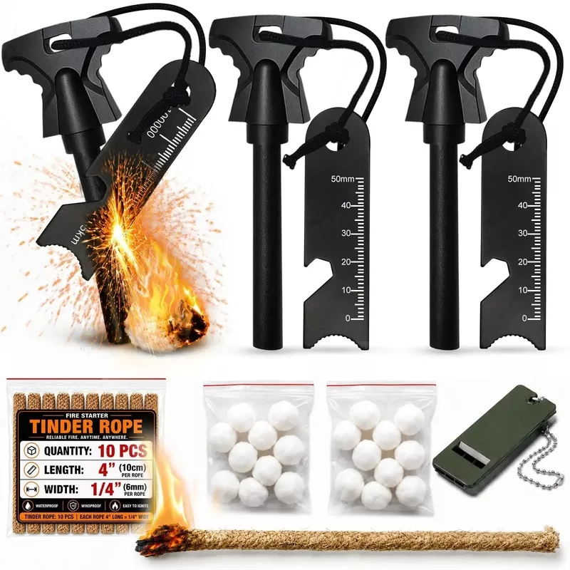 34 Piece Fire Starter Survival Kit With Three Ferro Rods And Striker Tinder Includes 20 Waterproof Tinder Balls And 10 Water Resistant Fire Ropes For Quick Sparks Fast Easy Flames And Reliable Outdoor Fire Making