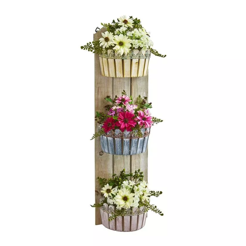 39 Mixed Daisy Artificial Plant in Three-Tiered Wall Decor Planter