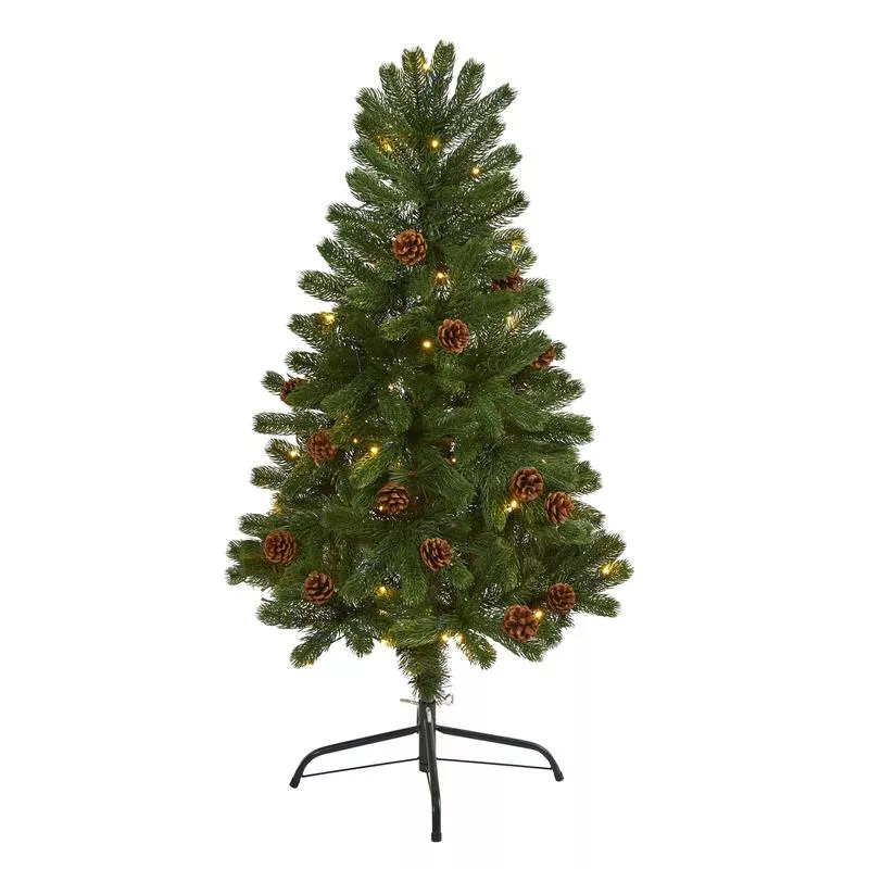 4′ Rocky Mountain Spruce Artificial Christmas Tree with Pinecones and 70 Warm White LED Lights Green