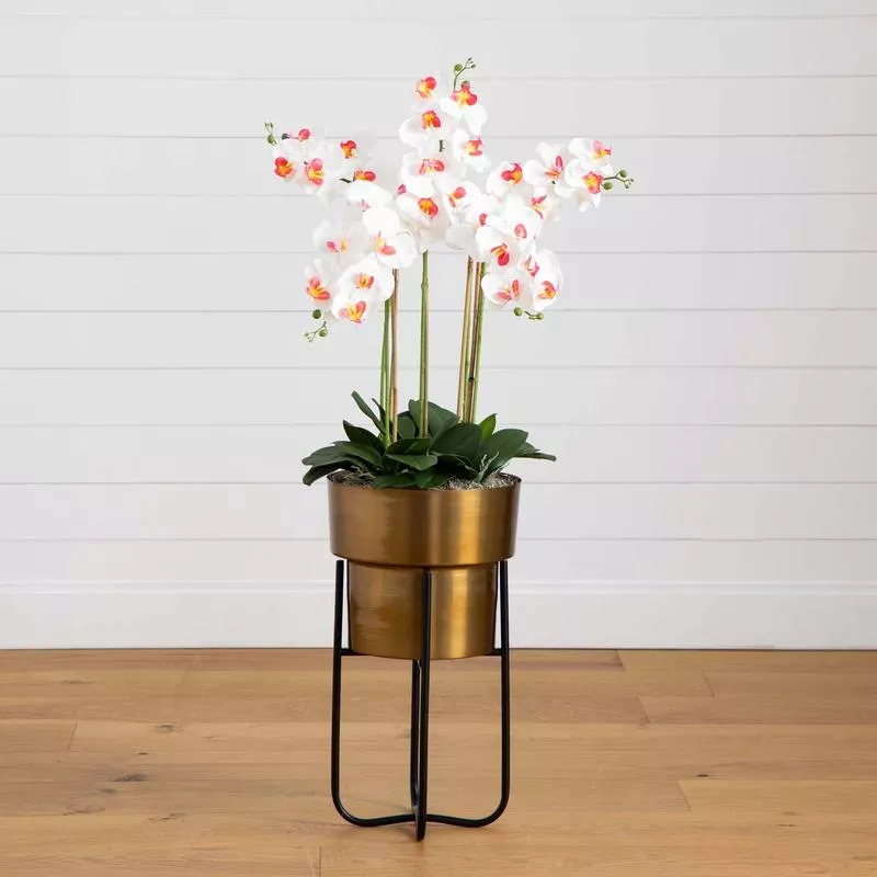 48 Artificial Orchid Arrangement in Brass Metal Planter with Stand