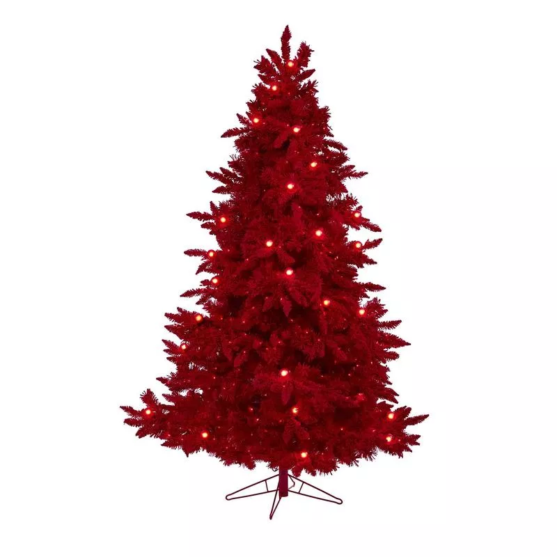 7′ Red Flocked Fraser Fir Artificial Christmas Tree with 500 Red Lights, 40 Globe Bulbs and 1039 Bendable Branches