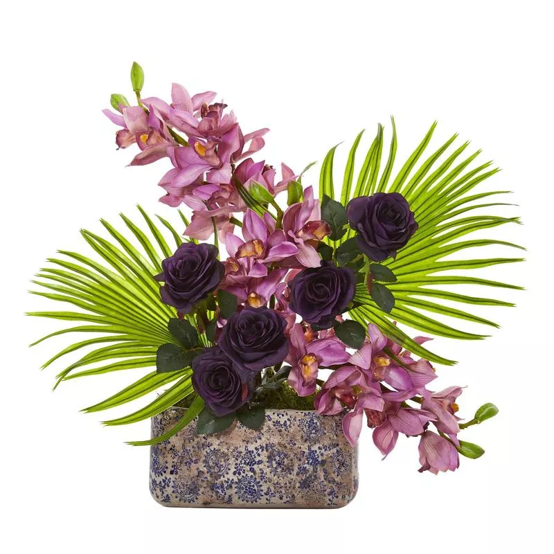 cymbidium-orchid-rose-fan-palm-artificial-arrangement Cymbidium Orchid, Rose and Fan Palm Artificial Arrangement