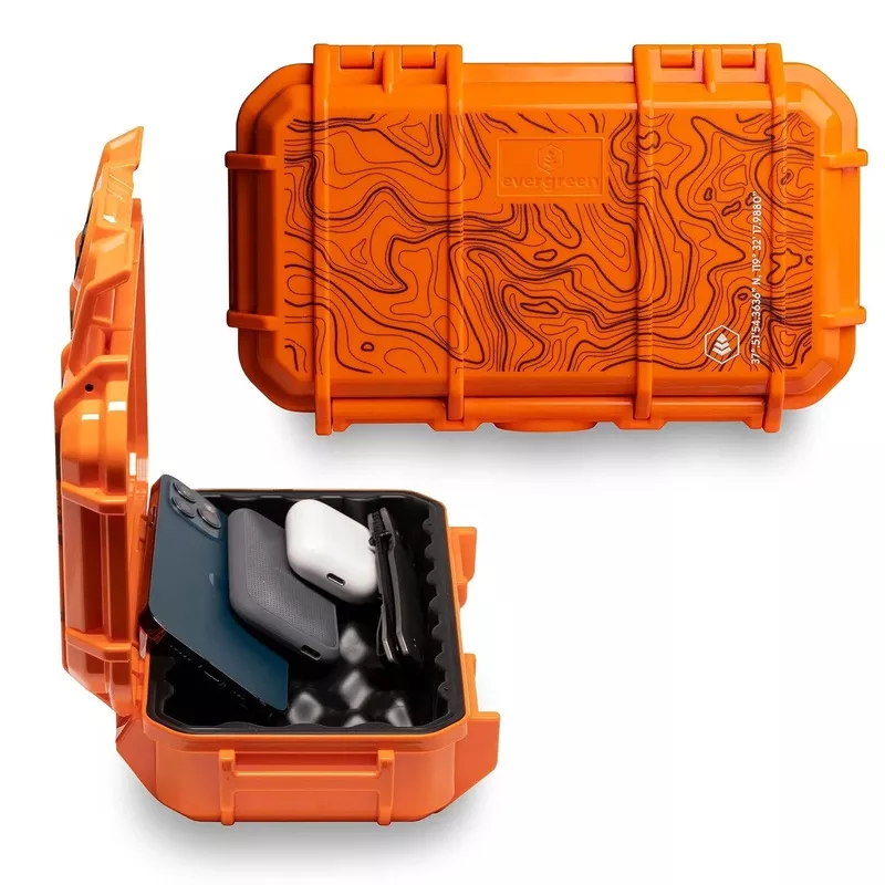EDC 56 Dry Box Go-To Tough Protective Case Made in USA for Organizing Cameras, Phones, Gear on Camping, Fishing, Hiking, and Water Sports Adventures, Orange TOPO Finish, Rugged Weatherproof Polycarbonate Micro Case