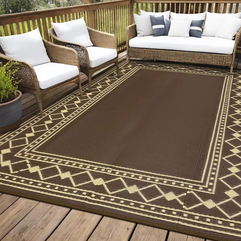 Garvee10′ x 20′ Waterproof Reversible Outdoor Rug, Extra-Large Plastic Straw Patio Mat, Includes 4 Stakes & Carry Bag for RV Campsite, Events & Backyard, Peony Brown Peony Brown