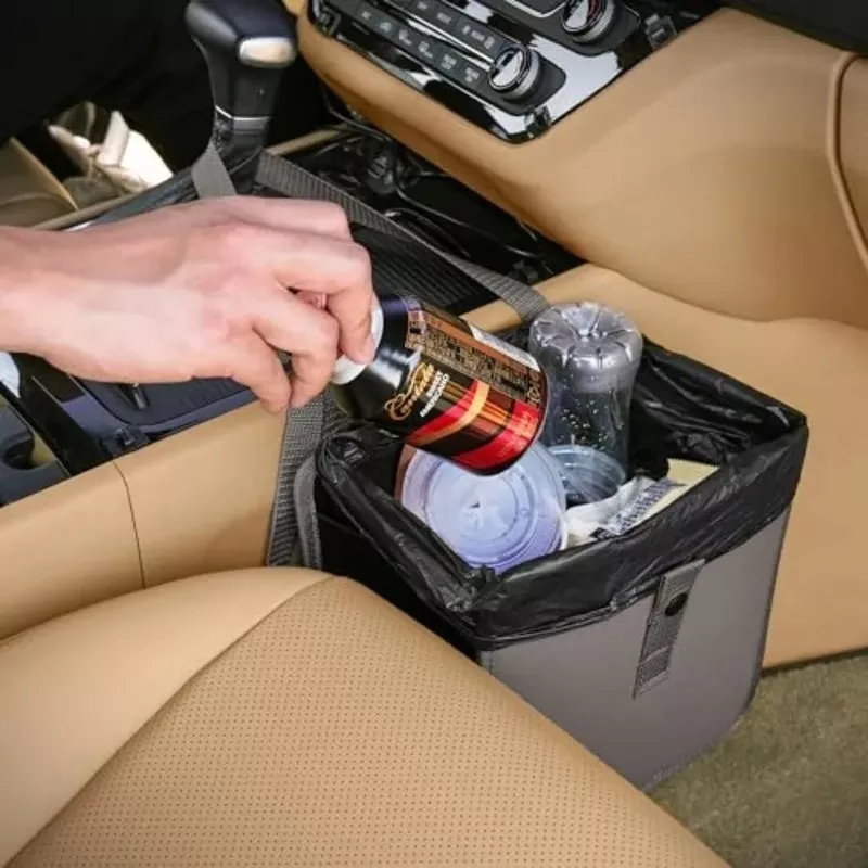 Jopps Car Trash Can Compact Foldable Bin with Strap, PU Leather and Oxford Gray