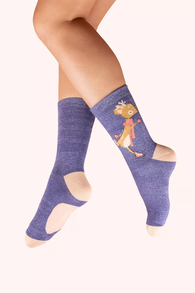 Powder Design Glitter Ankle Socks Skating Deer