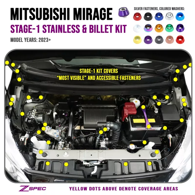zspec-stage-1-dress-up-bolts-fastener-kit-23-mitsubishi-mirage-stainless-billet- ZSPEC Stage-1 Dress Up Bolts Fastener Kit for ’23+ Mitsubishi Mirage, Stainless & Billet Bright White